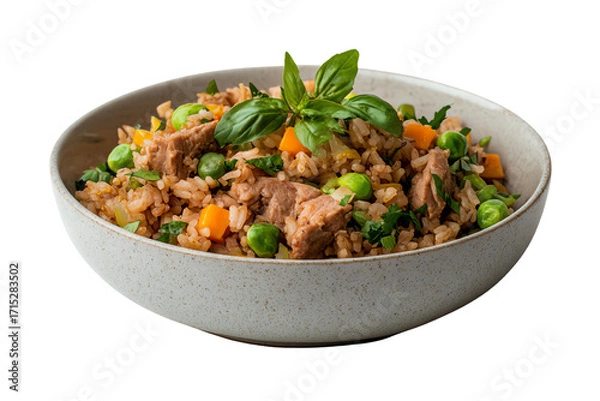 Fototapeta Delicious rice bowl with tuna, vegetables, and fresh basil on a white isolated background.