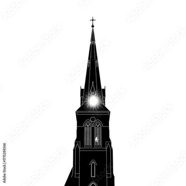 Fototapeta Gothic church steeple silhouette with glowing window isolated on white background
