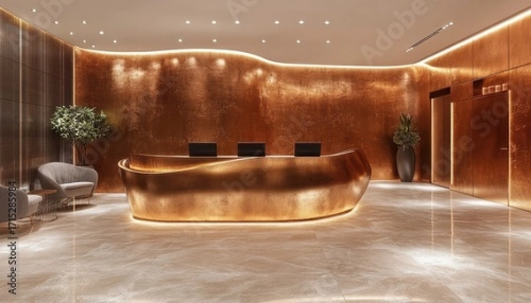 Fototapeta Luxurious Modern Lobby Interior with Curved Bronze Reception Desk and Textured Copper Wall