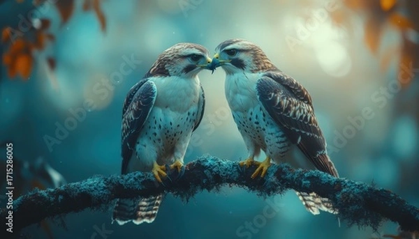 Fototapeta Intimate Hawks Couple on Mossy Branch in Enchanting Forest, Wildlife Love Connection