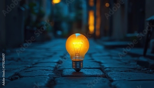 Fototapeta Glowing Light Bulb on Cobblestone Street at Dusk - Symbol of Ideas