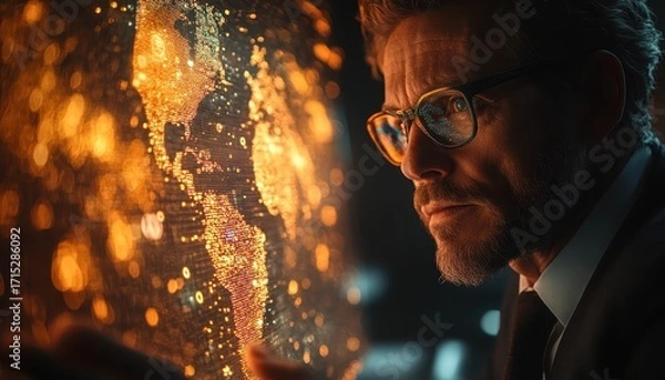 Fototapeta Businessman Analyzing Global Data on Digital Map
