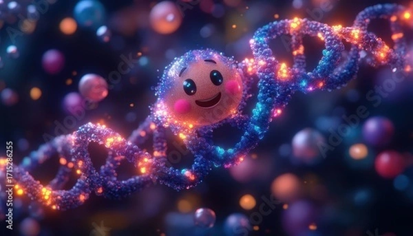 Fototapeta Cute DNA Molecule with Happy Face, Science and Genetics Concept