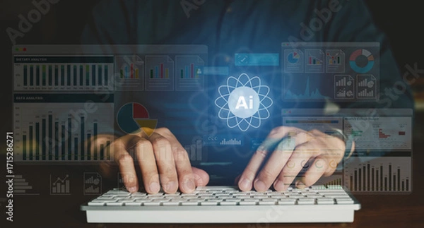 Fototapeta Hands typing on a keyboard with a glowing AI icon and data charts overlayed, symbolizing artificial intelligence and data processing.