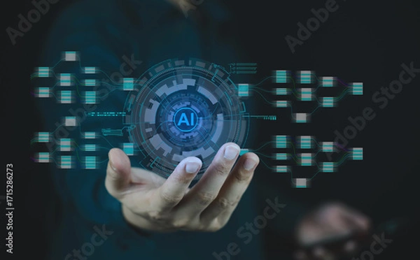 Fototapeta Person holds a glowing AI hologram surrounded by digital data elements, symbolizing artificial intelligence and advanced technology.