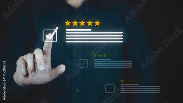 Fototapeta A person interacts with a digital rating system, selecting five stars on a virtual interface, symbolizing high customer satisfaction.