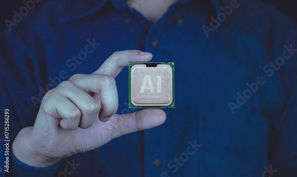 Fototapeta Person holding an AI processor chip, representing artificial intelligence, innovation, and modern computing technology.