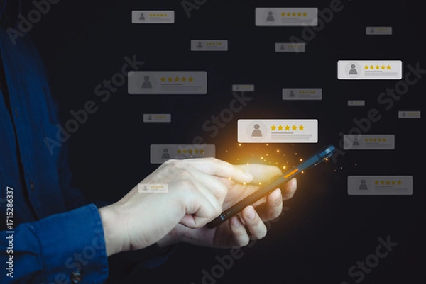 Fototapeta Business person using smartphone to leave or manage user ratings with virtual review interface showing stars and profiles.