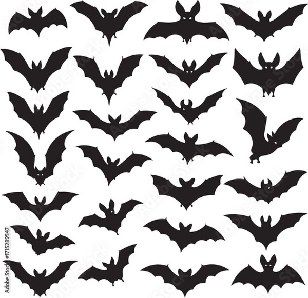 Fototapeta Spooky Bat silhouettes: A collection of bat silhouettes captured against a light backdrop, perfect for Halloween or spooky themes, ideal for creating a frightening atmosphere.