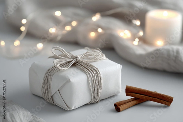Fototapeta minimalist atmosphere of christmas celebration in usa is captured with neatly wrapped gift in simple white paper