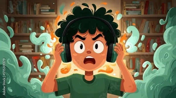 Fototapeta Boy Wearing Headphones with Abstract Shapes in Front of Bookshelf