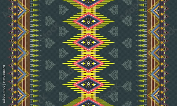 Fototapeta Vertical Navajo tribal geometric pattern background, ethnic textile fabric design, aztec bohemian ornament with symmetry, colorful traditional seamless motif in green yellow red blue tones