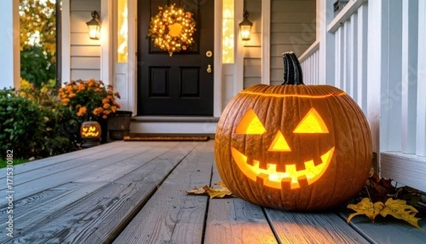 Fototapeta Illuminated Jack-o'-Lantern on Porch at Dusk