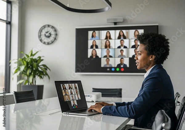 Fototapeta Businesswoman leading a virtual team meeting in a conference room, a concept of remote work and digital collaboration