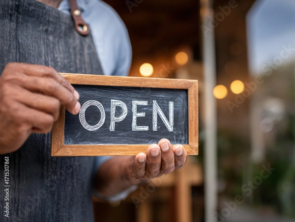 Fototapeta Small Business Owner Holds Open Sign to Welcome Customers in a Cozy Shop on a Sunny Day