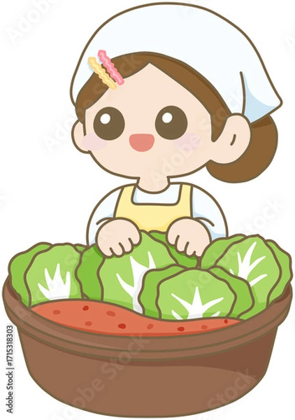 Obraz 김장_하얀수건_앞치마여자아이_배추담그는모습_겨울김치준비