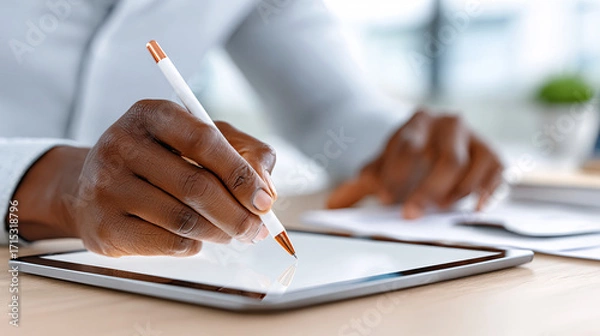 Fototapeta User Interacts With a Tablet While Taking Notes in a Modern Office Setting During Daytime