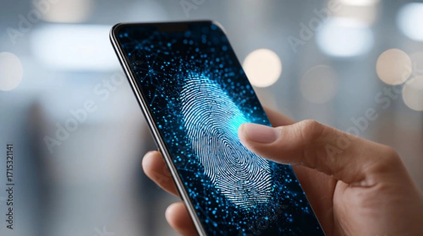 Fototapeta Fingerprint Scanning Technology Used to Unlock a Smartphone With a Glowing Design at a Tech Exhibition in the Evening