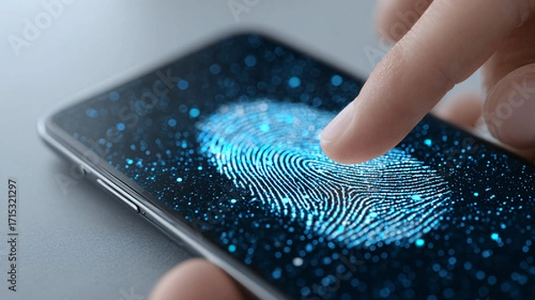 Fototapeta Digital Fingerprint Recognition Displayed on a Smartphone Screen With Blue Particles in a Modern Setting