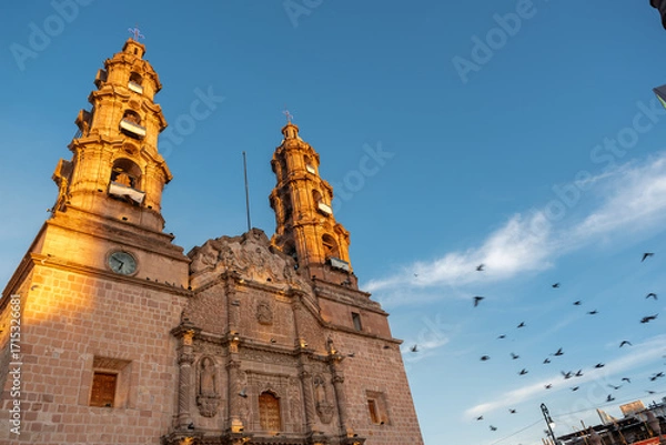Fototapeta Low-angle view of the Cathedral Basilica of Our Lady of the Assumption in Aguascalientes, Mexico, at sunrise with doves flying in the sky.