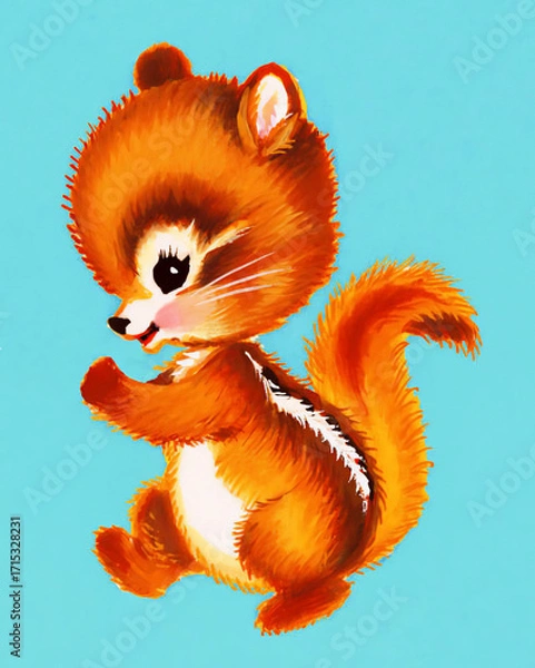 Fototapeta Adorable Fluffy Chipmunk with Big Round Eyes and Whiskers Dancing Joyfully Against a Vibrant Teal Background Capturing the Essence of Childhood Wonder and Nature's Delightful Creatures	