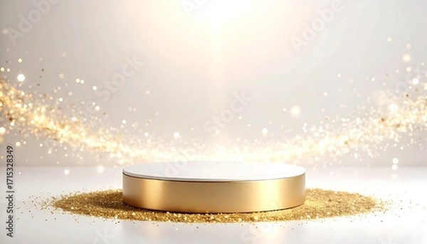Obraz Golden glitter texture flowing on white background with a soft glowing light,