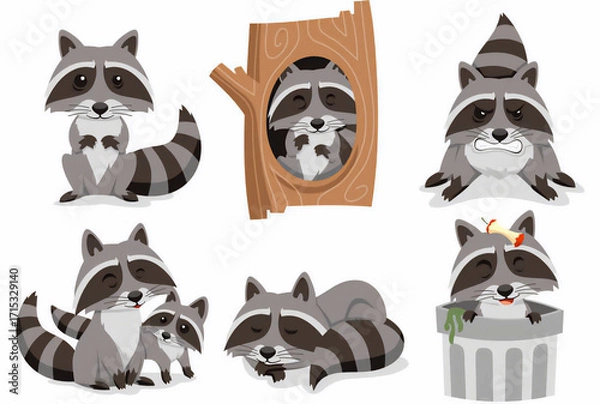 Fototapeta Collection of Adorable Cartoon Raccoons Engaged in Various Playful Activities Showcasing Their Whimsical Personalities Through Different Poses and Environments a Delightful Ensemble of Furry Friends f