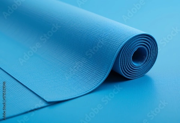 Fototapeta Close up of a blue yoga mat partially unrolled on a smooth surface ready for exercise
