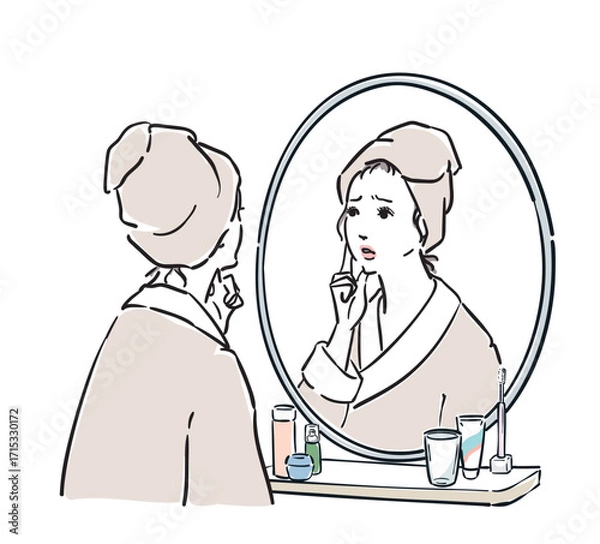 Obraz 鏡の前に立つバスローブ姿の女性　トラブル