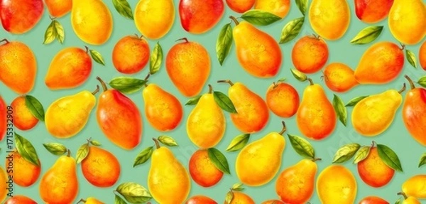 Obraz Vibrant seamless pattern featuring ripe mangoes and pears, alternating in a playful design,  pattern,  seamless