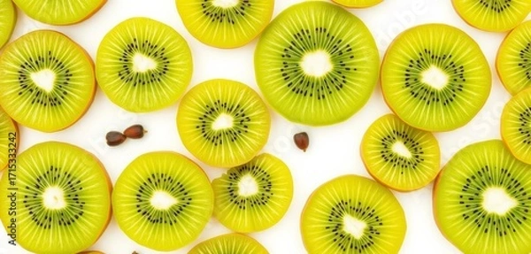 Obraz Vibrant seamless pattern of juicy kiwi slices, green flesh and black seeds on white background, food, pattern