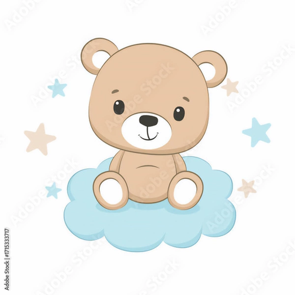 Fototapeta Adorable cartoon teddy bear sitting peacefully on a fluffy blue cloud surrounded by twinkling stars in a whimsical celestial scene perfect for children's decor and nursery art	