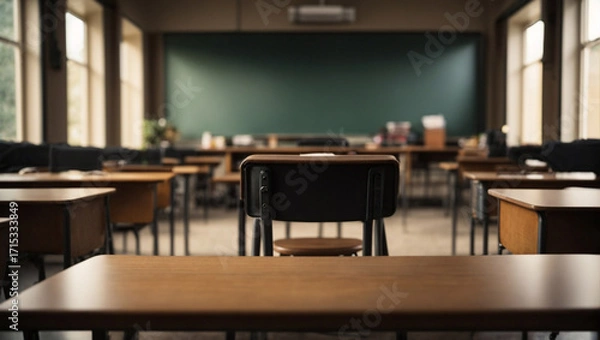 Fototapeta Classroom interior when no people. View from the last seat of the class, space on the previous student's table, warm light from the window, blurred blackboard.