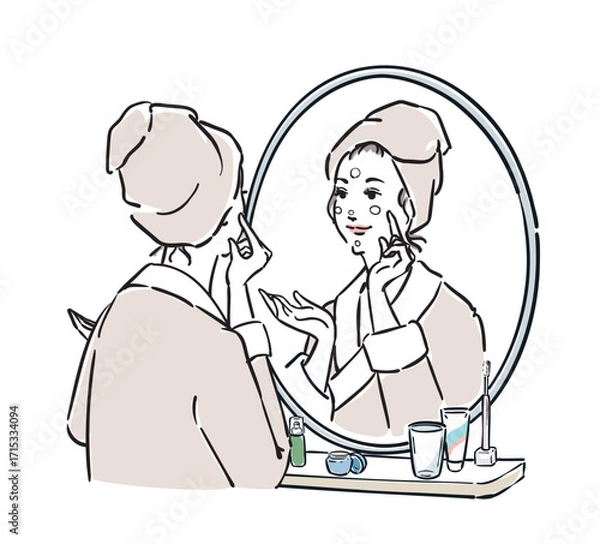 Obraz 鏡の前に立つバスローブ姿の女性　スキンケア