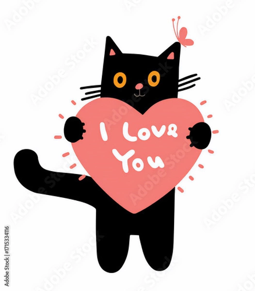 Fototapeta A Whimsical Black Cat Holding a Heart Shaped Sign That Reads I Love You With a Butterfly on Its Head	