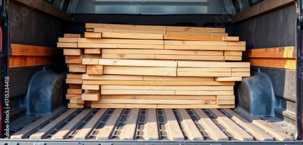 Obraz Wooden boards stacked neatly inside a closed truck bed,  shipping,  planks