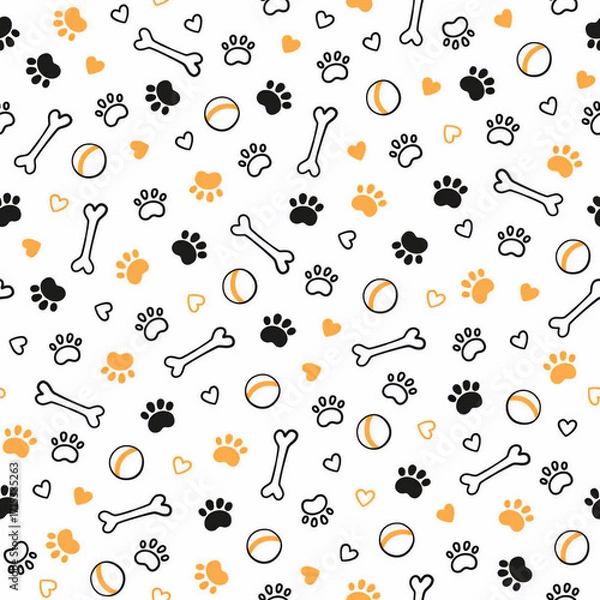 Fototapeta A charming and playful seamless pattern featuring adorable dog paw prints bones and balls in a delightful orange and black color palette on a clean white background creating a fun and pet-themed desig