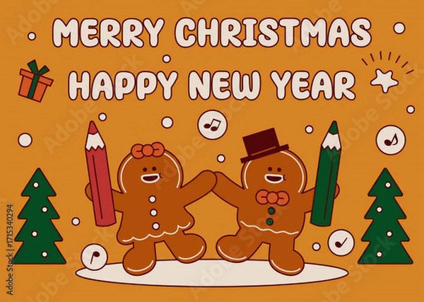 Fototapeta Merry Christmas and Happy New Year festive greeting with gingerbread characters dancing and holding pencils surrounded by festive decorations like Christmas trees and gifts	