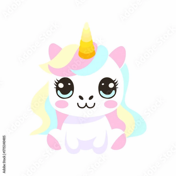 Fototapeta Adorable Kawaii Unicorn Illustration with Pastel Mane and Bright Eyes Perfect for Children's Designs and Enchanting Themes	