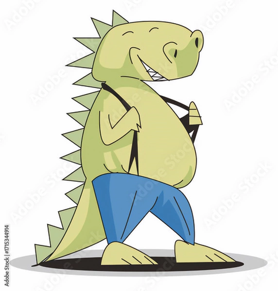 Fototapeta A cartoon illustration of a friendly green dinosaur wearing blue pants and suspenders with a wide grin showing its teeth and a spiky tail	