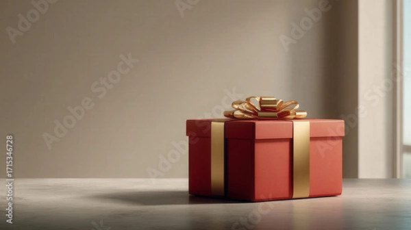 Fototapeta stunning red gift box adorned with luxurious gold ribbon sits elegantly in minimalist setting