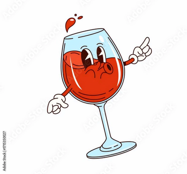 Fototapeta A Whimsical Retro Cartoon Character Depicting a Glass of Red Wine with a Playful Expression and Dynamic Pose	