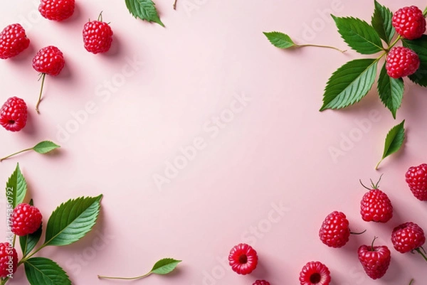 Fototapeta Raspberry-Pink Background: Top View of Fresh Berries and Leaves