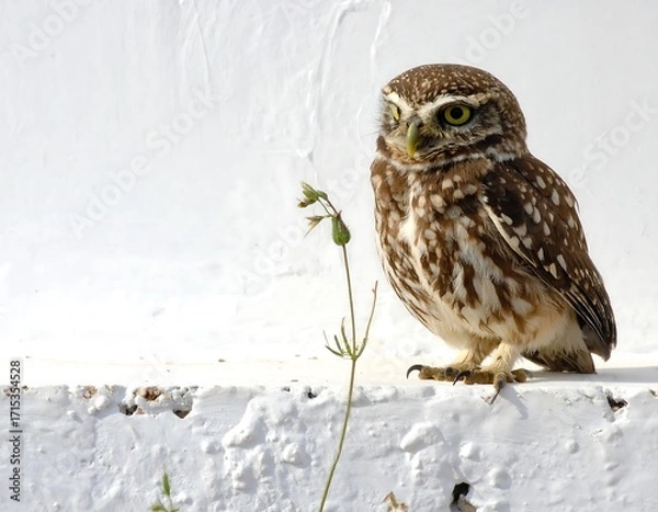 Obraz Perched Little Owl Against a Whitewashed Wall