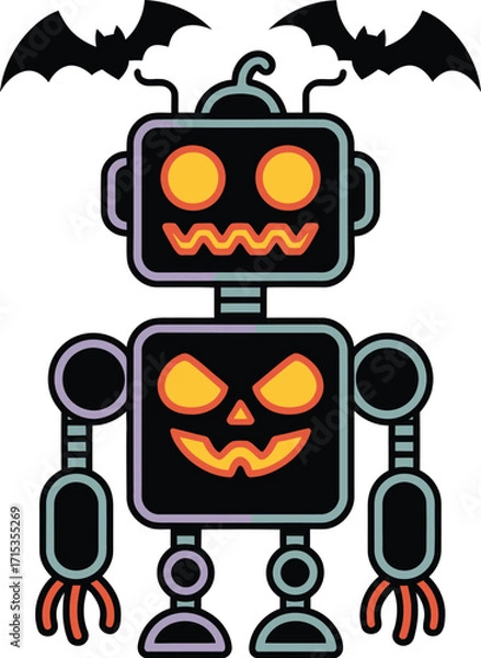 Fototapeta Black robot with jack o lantern faces and bats halloween