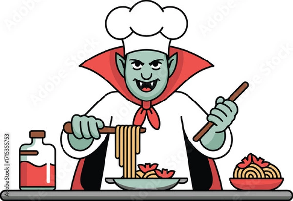 Fototapeta Cartoon vampire chef serving spaghetti with red sauce