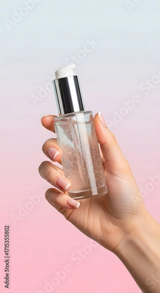 Fototapeta Clean Skincare Product Photography with Hand Holding Cosmetic Tubes, Jars, Droppers, Pumps, and Beauty Tools on Minimal Pastel Background