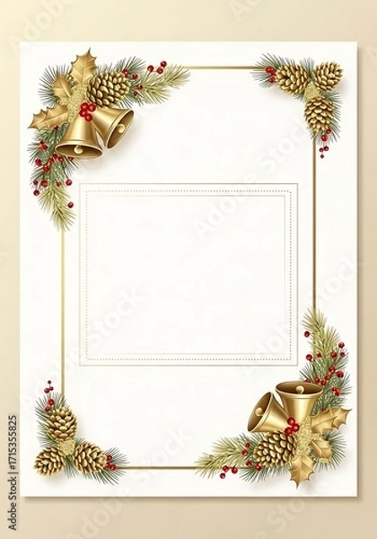 Fototapeta Elegant New Year Card with Golden Bells, Pine Cones and Holly Frame on White Background