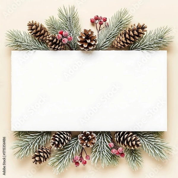 Fototapeta Festive Season's Greetings Blank Card with Pine Cones and Spruce Branches
