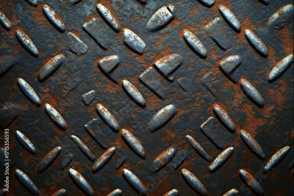Fototapeta Close-up of rusty metal diamond plate with raised pattern showing weathered texture and industrial wear